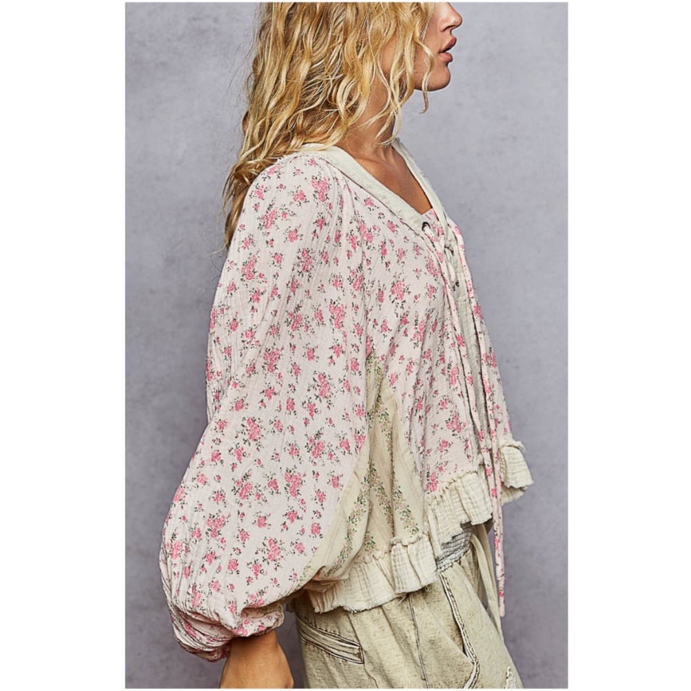 POL floral Print Cotton lace up Balloon Sleeve Blouse - Picture 4 of 7